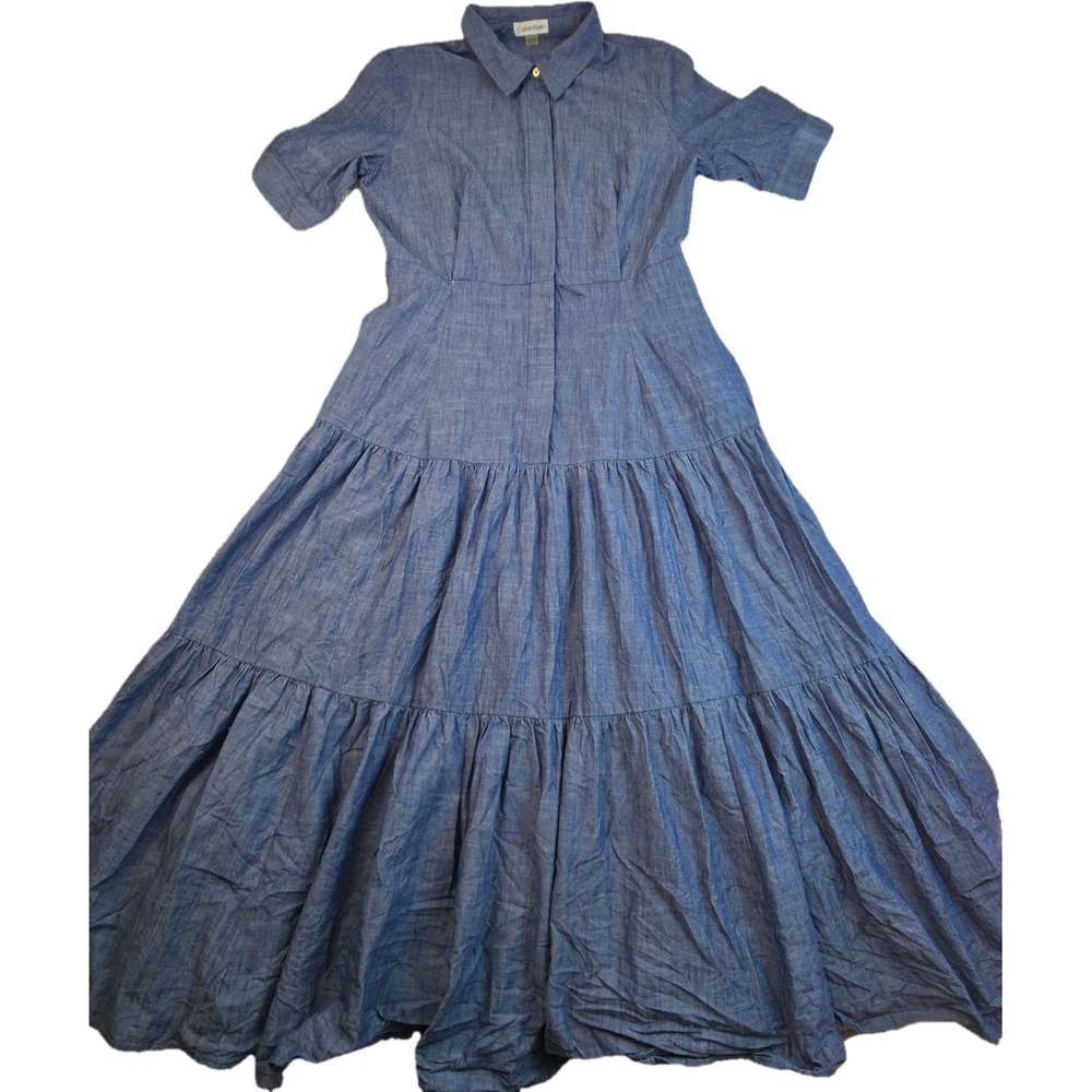 Calvin Klein Maxi Dress Women 10 Blue Tiered Chambray Short Sleeve Good